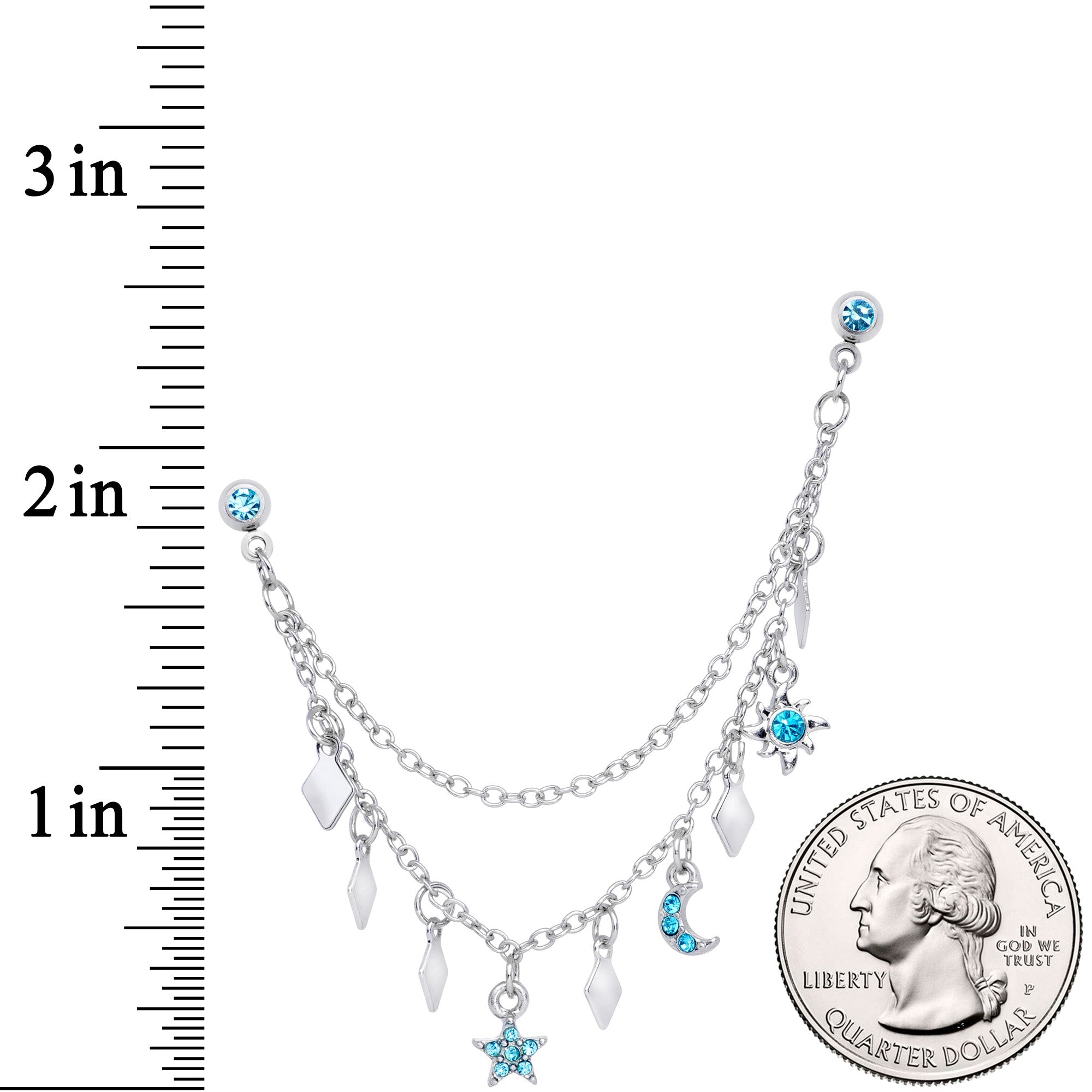 16G 1/4 Aqua Gem Moon Star Sun Dangle Cartilage Chain Earring