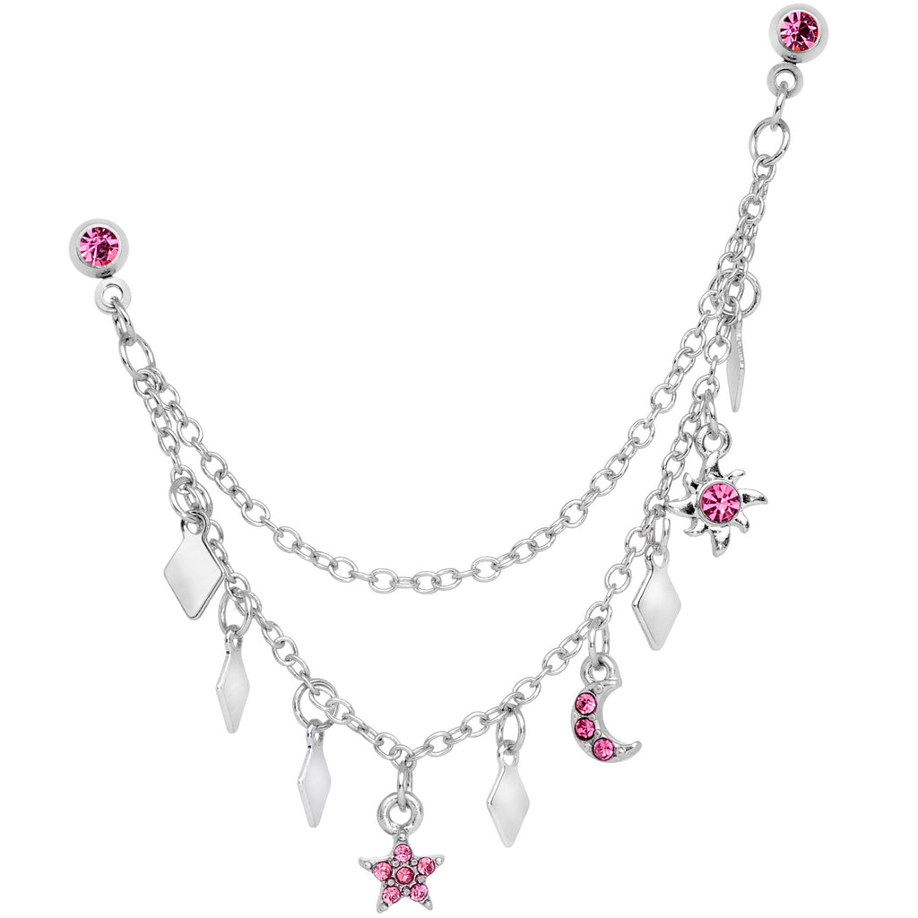 16G 1/4 Pink Gem Moon Star Sun Dangle Cartilage Chain Earring