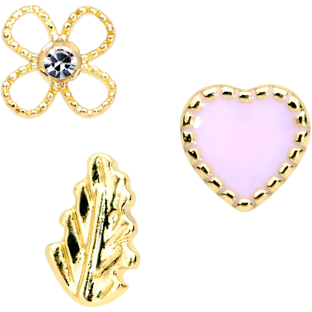 20G 1/4 Clear Gem Pink Heart Flower Feather Nose Bone Set of 3