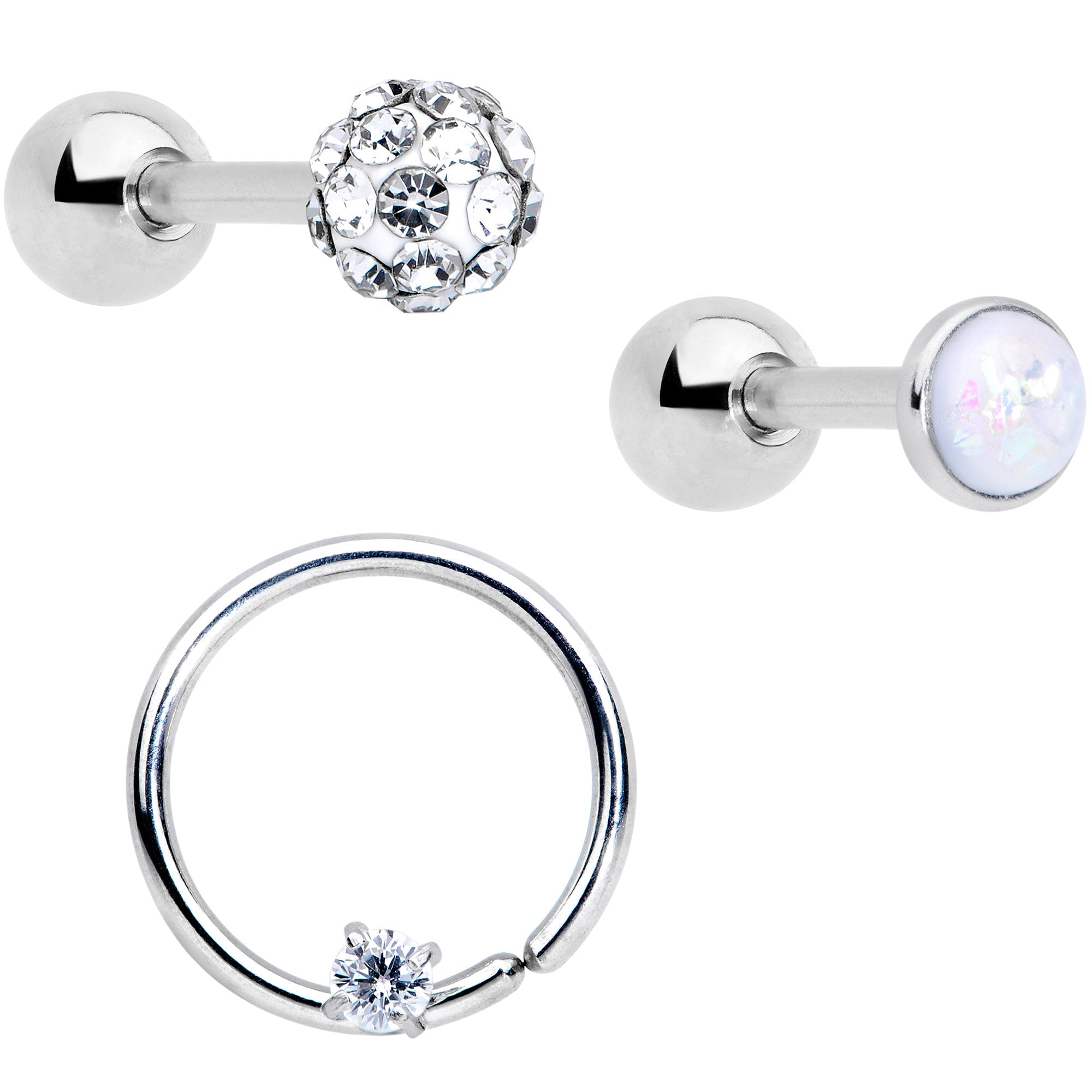16G 1/4 5/16 Clear CZ Gem Cartilage Tragus Earring Set of 3
