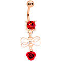 Red Gem Rose Gold Tone Bow Rose Flower Dangle Belly Ring