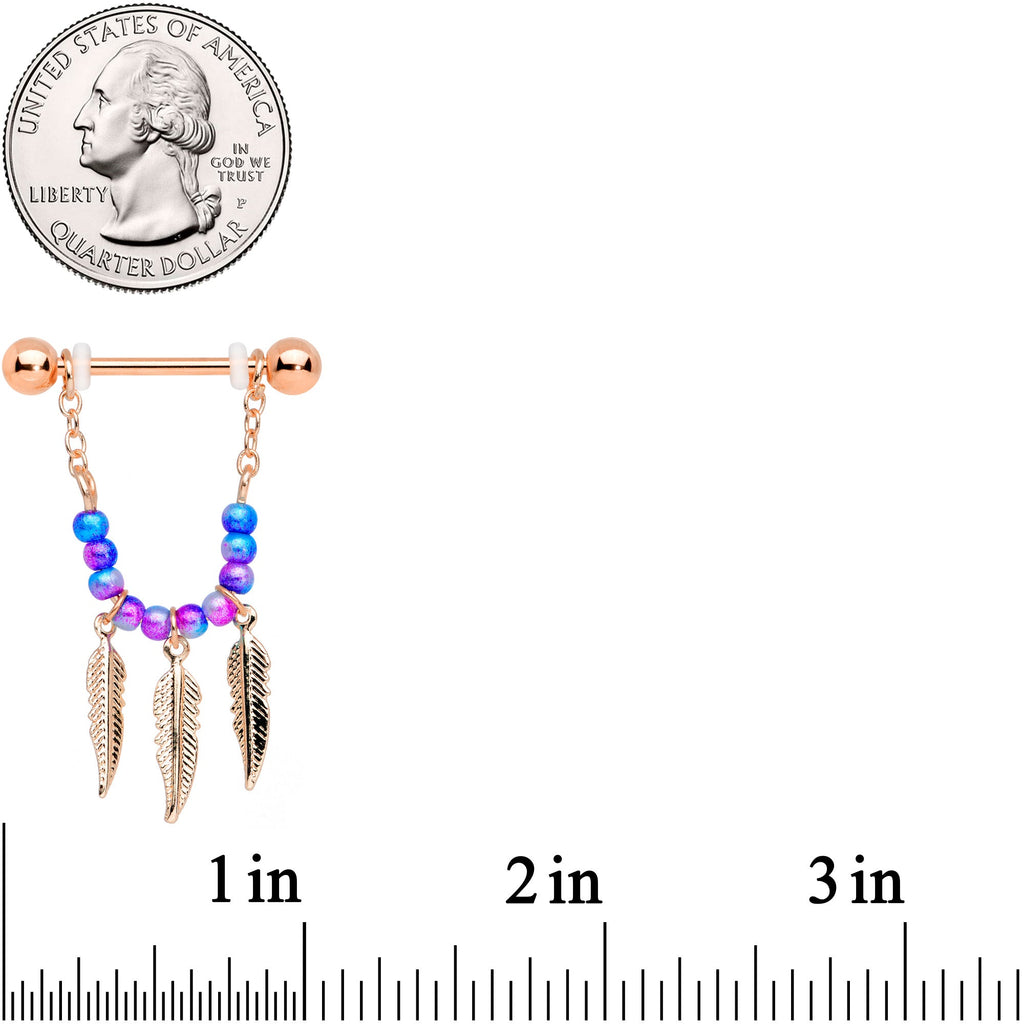 14G 1/2 Rose Gold Tone Blue Pink Bead Feather Dangle Nipple Set