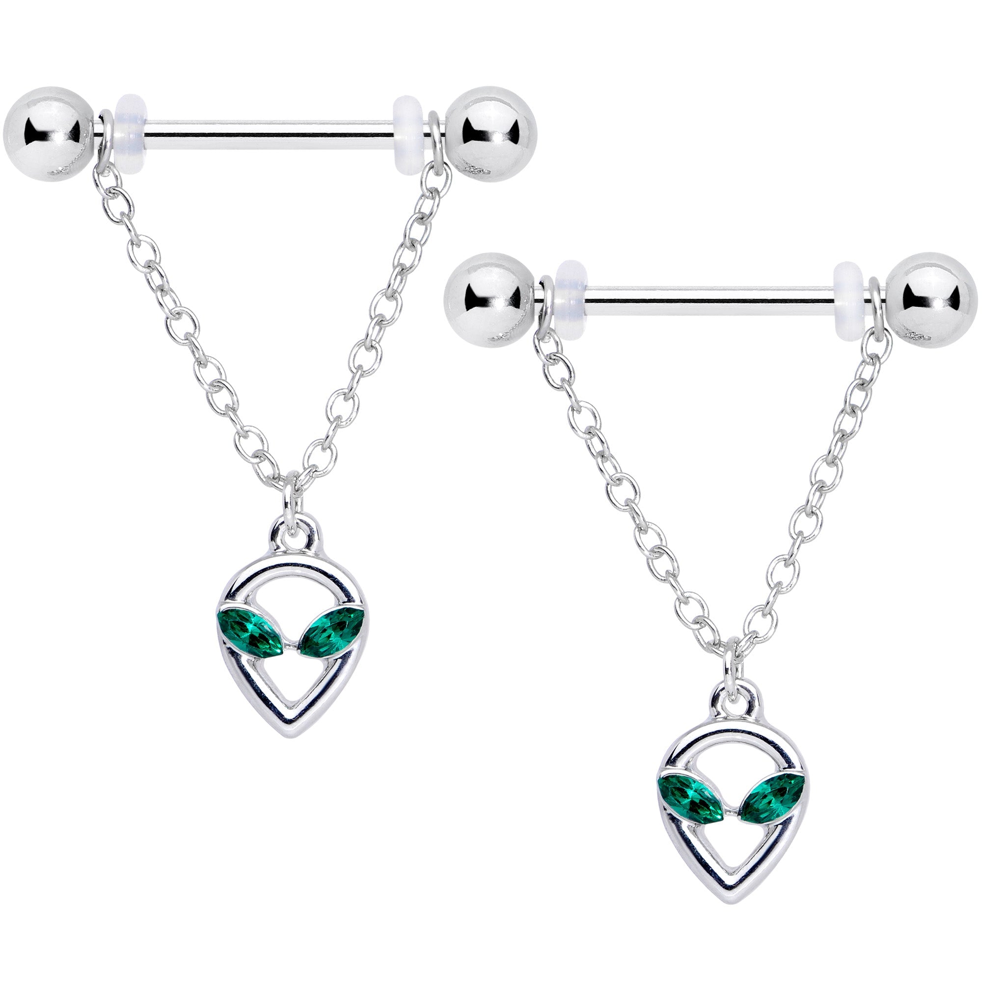 14G 1/2 Green Gem UFO Space Alien Dangle Nipple Ring Set