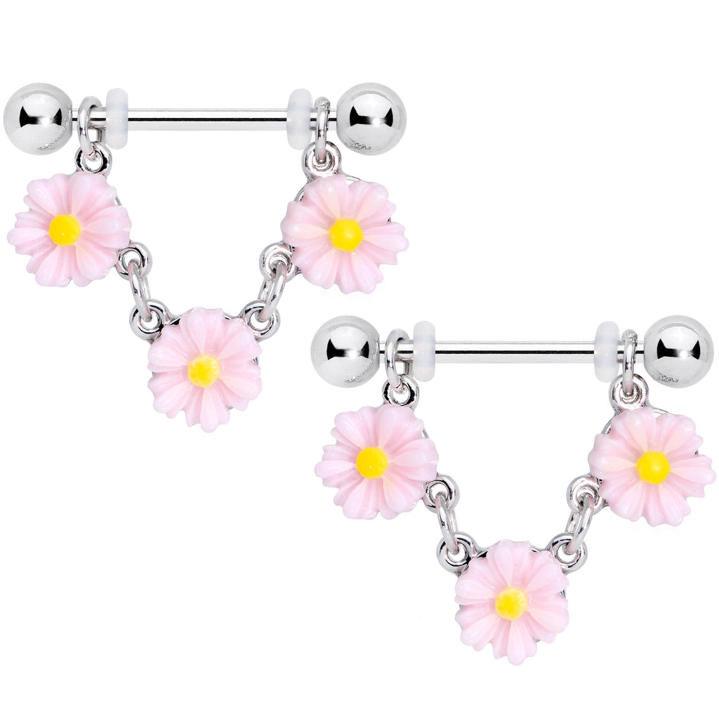 14G 18mm Pink Yellow Flower Cluster Chain Dangle Nipple Ring Set
