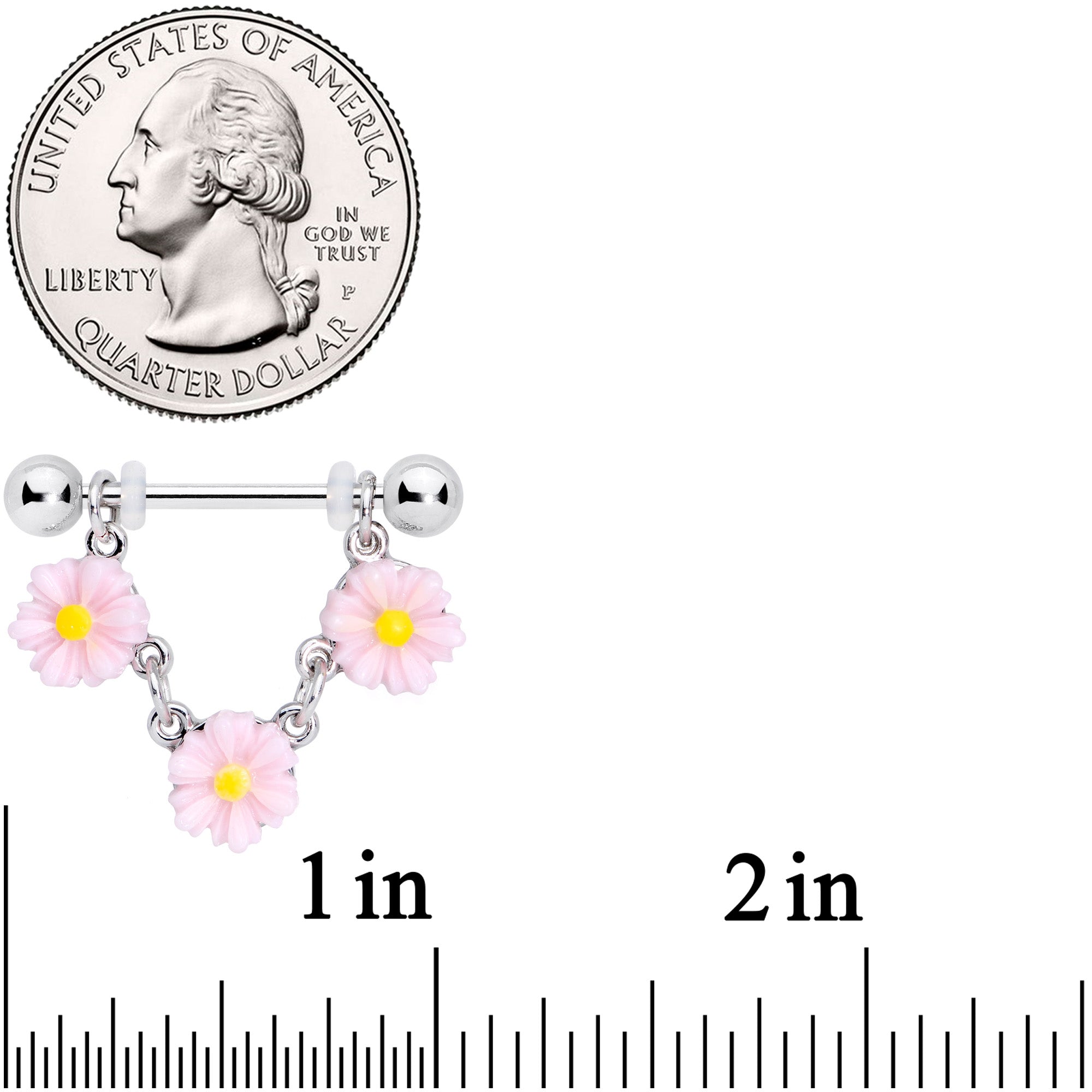 14G 18mm Pink Yellow Flower Cluster Chain Dangle Nipple Ring Set