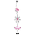 Pink Gem Flower Leaves Love Dangle Belly Ring