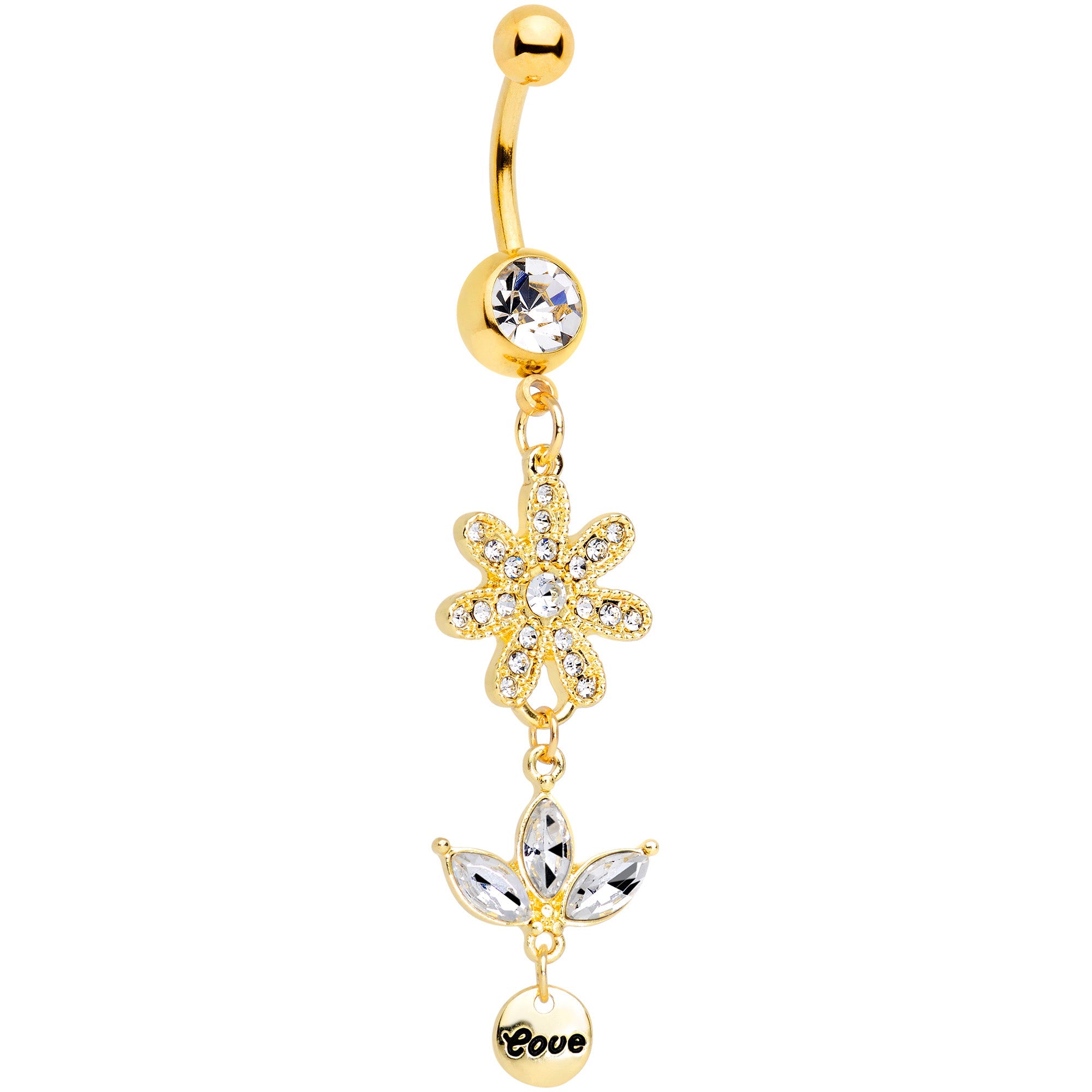 Clear Gem Gold Tone Flower Leaves Love Dangle Belly Ring