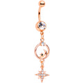 Clear Gem Rose Gold Tone Starry Moon Dangle Belly Ring