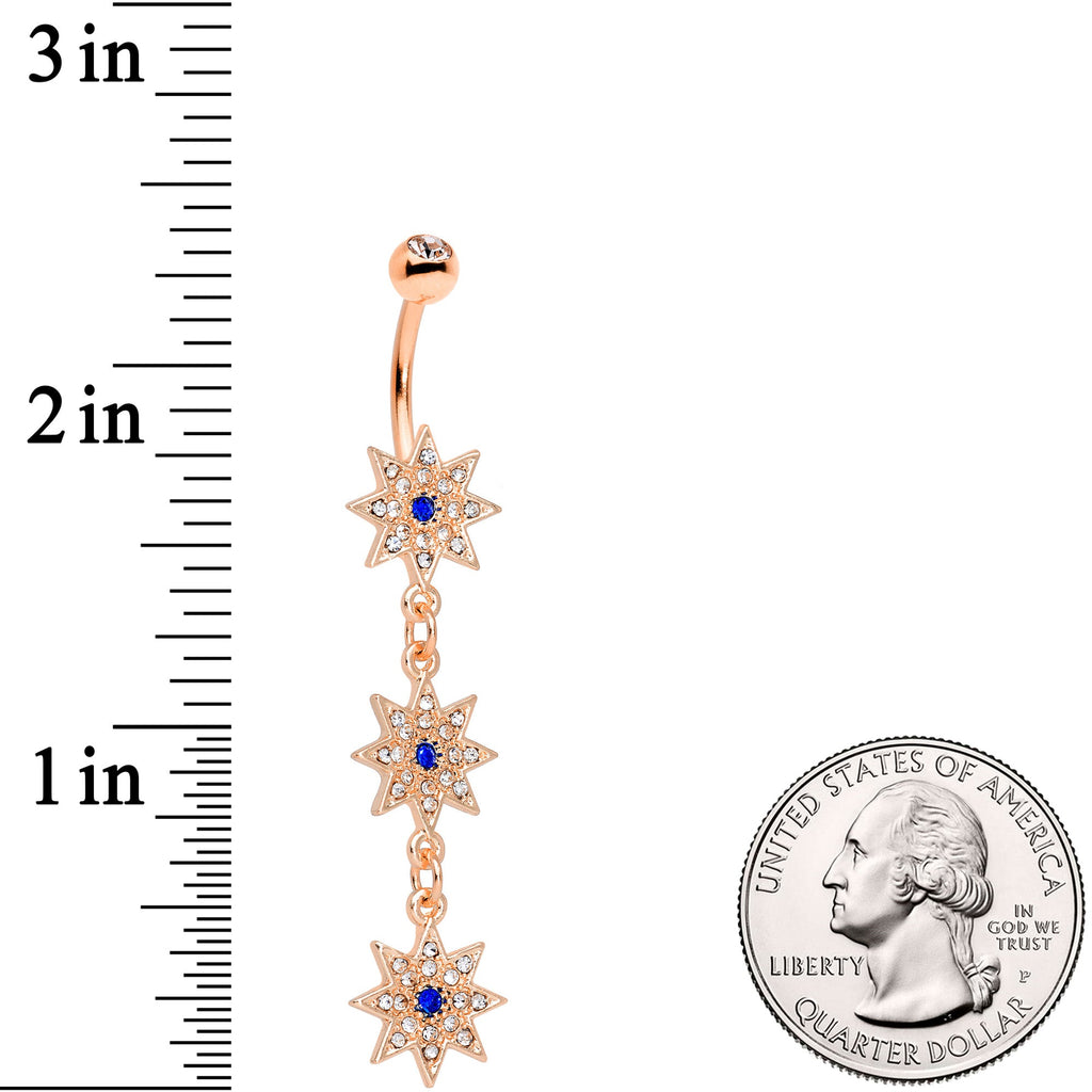 Clear Blue Gem Rose Gold Tone Triple Star Dangle Belly Ring
