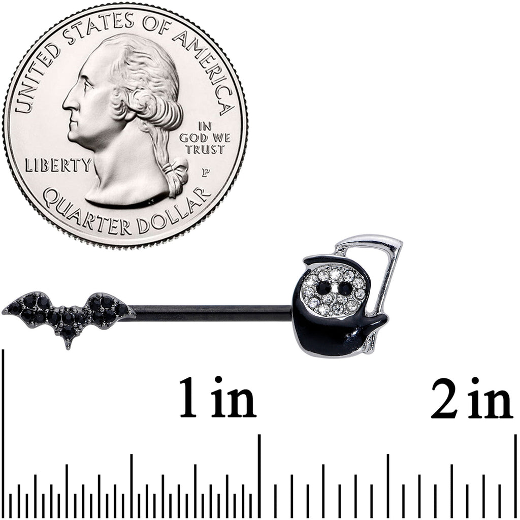 14G 9/16 Clear Black Gem Grim Reaper Bat Barbell Nipple Ring Set