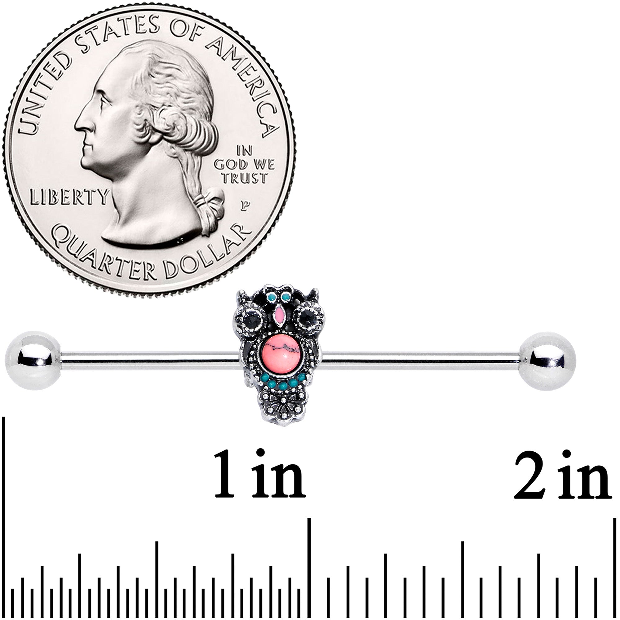 14G Black Gem Pink Orb Owl Industrial Barbell 38mm