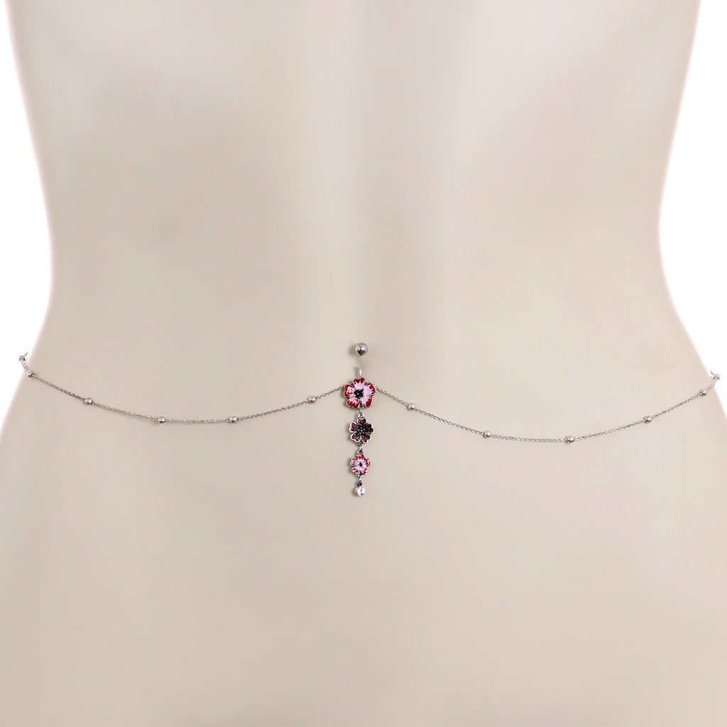 Clear Pink Gem Pink Tropical Flower Dangle Belly Ring Belly Chain