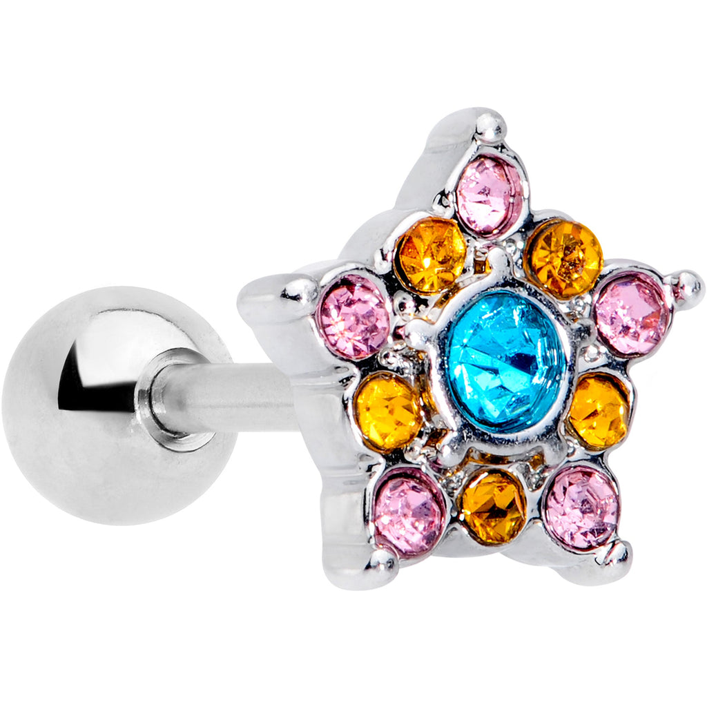 16G 1/4 Pink Yellow Blue Gem Showy Star Cartilage Tragus Earring