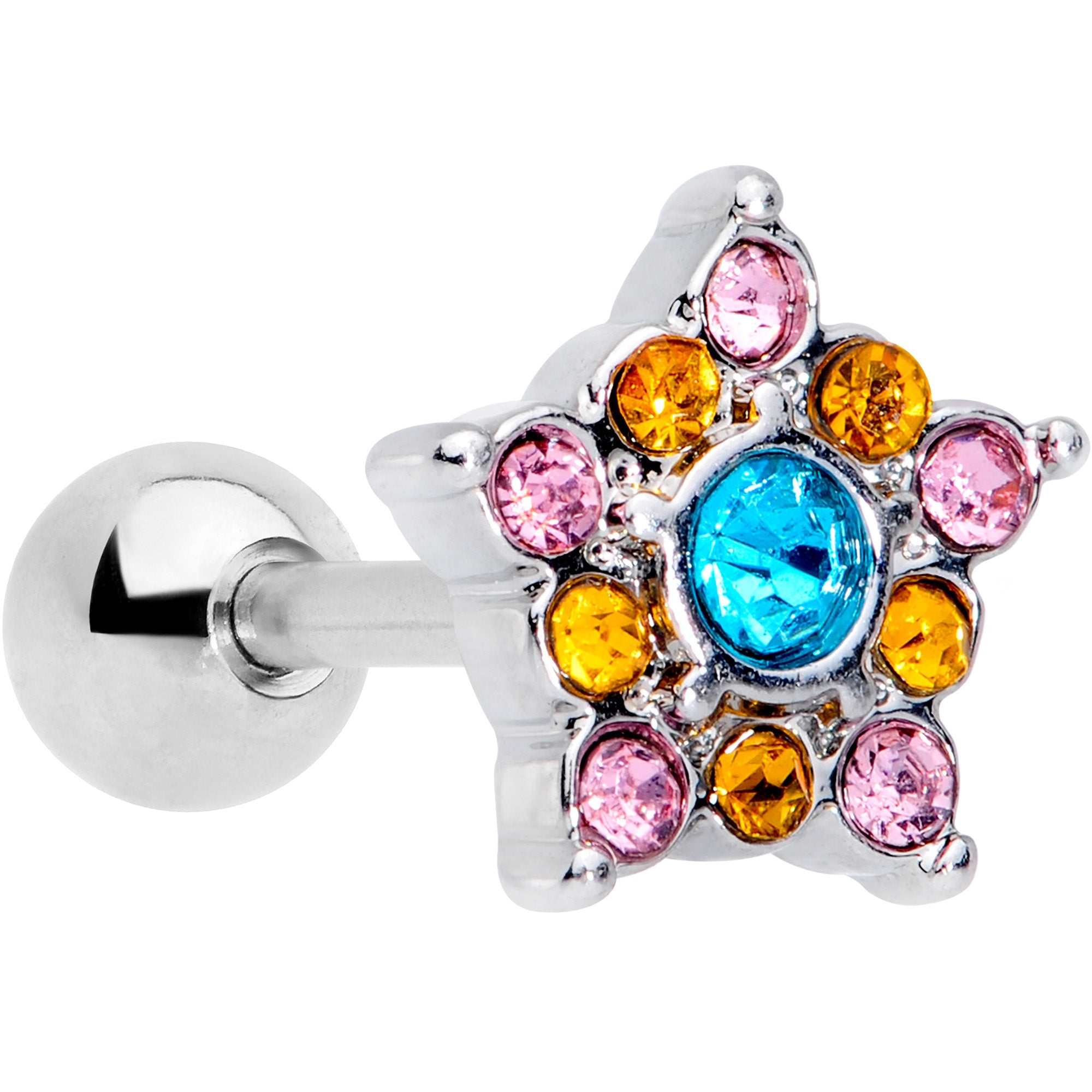 16G 1/4 Pink Yellow Blue Gem Showy Star Cartilage Tragus Earring