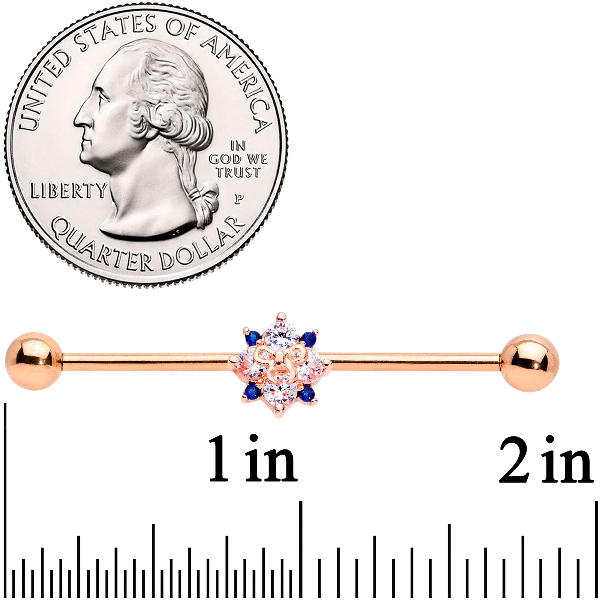14G Clear CZ Gem Rose Gold Tone Bow Star Industrial Barbell 38mm