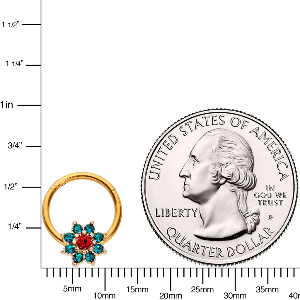 16G 5/16 Red Gem Gold Tone Christmas Flower Hinged Segment Ring