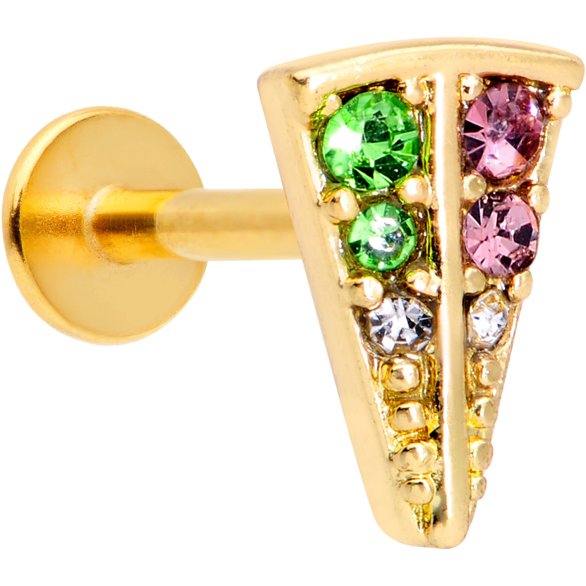 16G 3/8 Pink Green Gem Gold Tone Triangle Labret Monroe Tragus