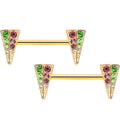 14G 9/16 Pink Green Gem Gold Hue Triangle Barbell Nipple Ring Set