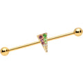 14G Pink Green Gem Gold Tone Triangle Industrial Barbell 38mm