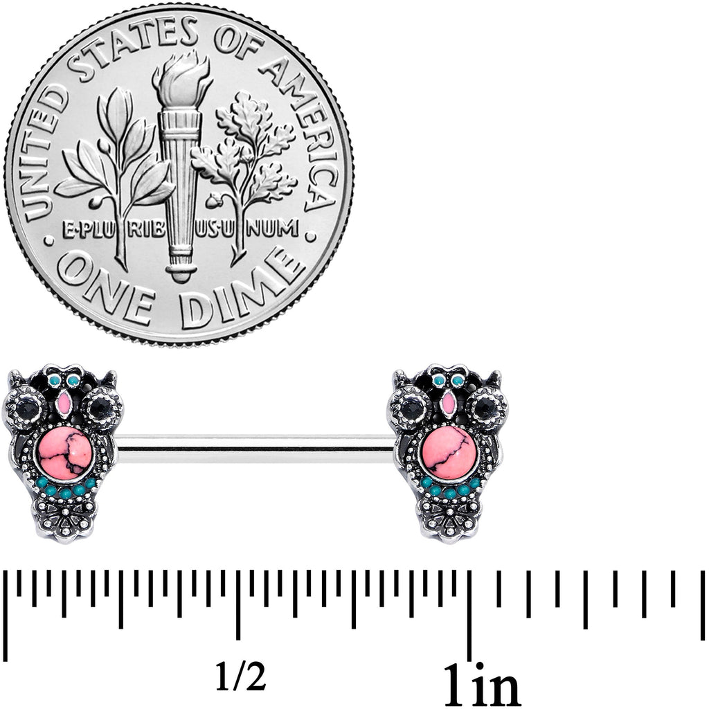 14G 9/16 Black Gem Pink Orb Owl Barbell Nipple Ring Set