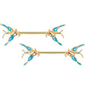 14G 9/16 Clear CZ Gem Gold Tone Swallow Bird Nipple Ring Set