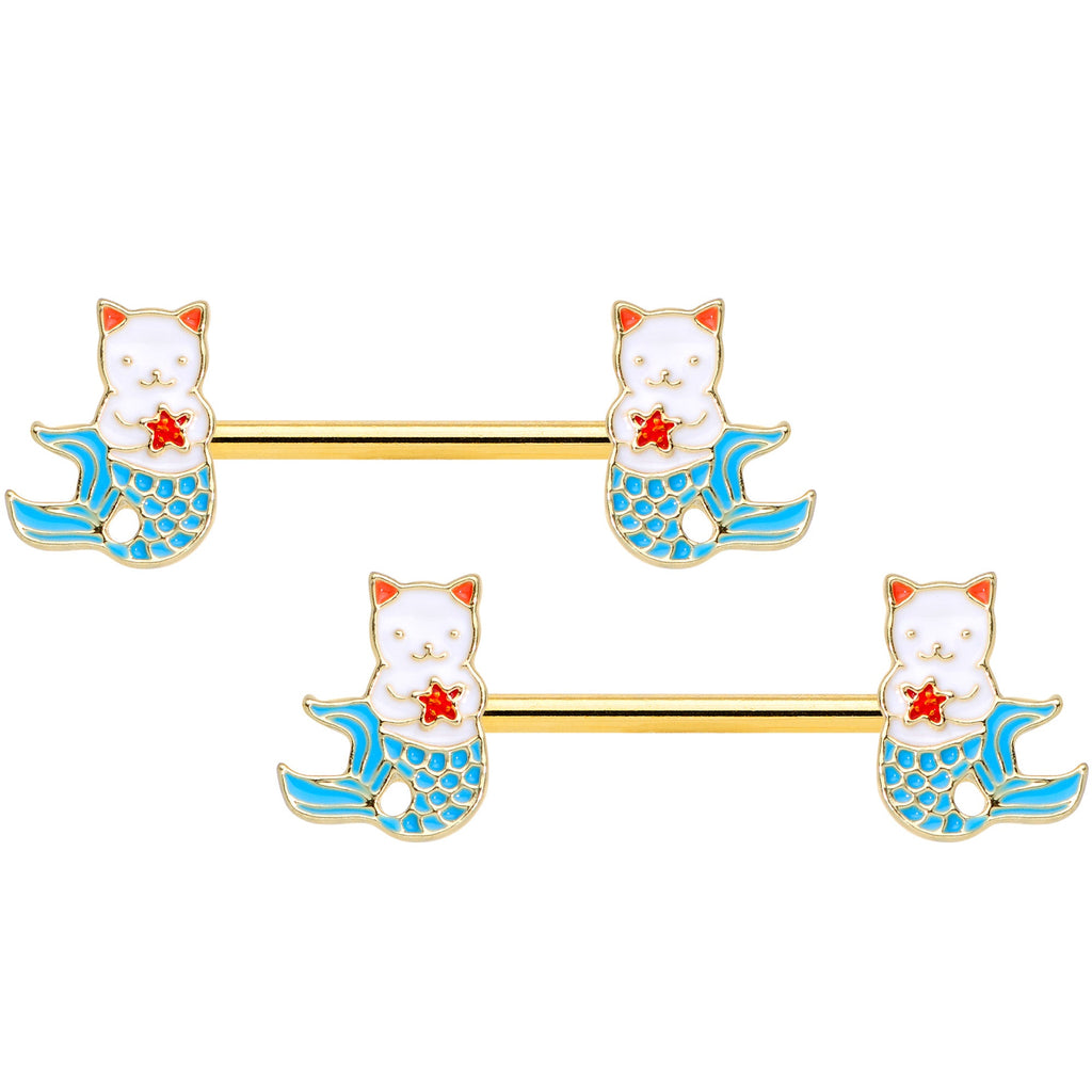 14G 9/16 Gold Tone Blue Star Cat Mermaid Barbell Nipple Ring Set