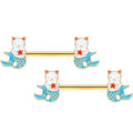 14G 9/16 Gold Tone Blue Star Cat Mermaid Barbell Nipple Ring Set