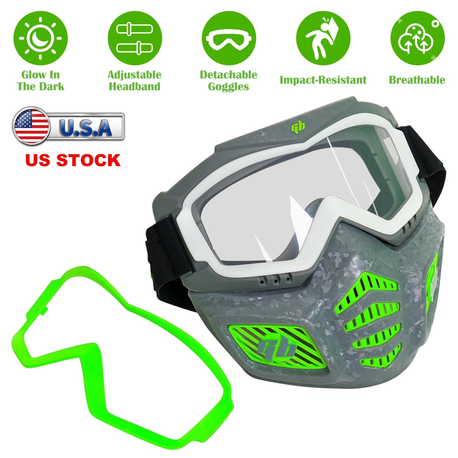 [Not Allowed to Sell on Amazon] Gel Blaster Glow in The Dark Elite Face Mask Full Face Tactical Mask with Detachable Goggles Adjustable Headband Vente