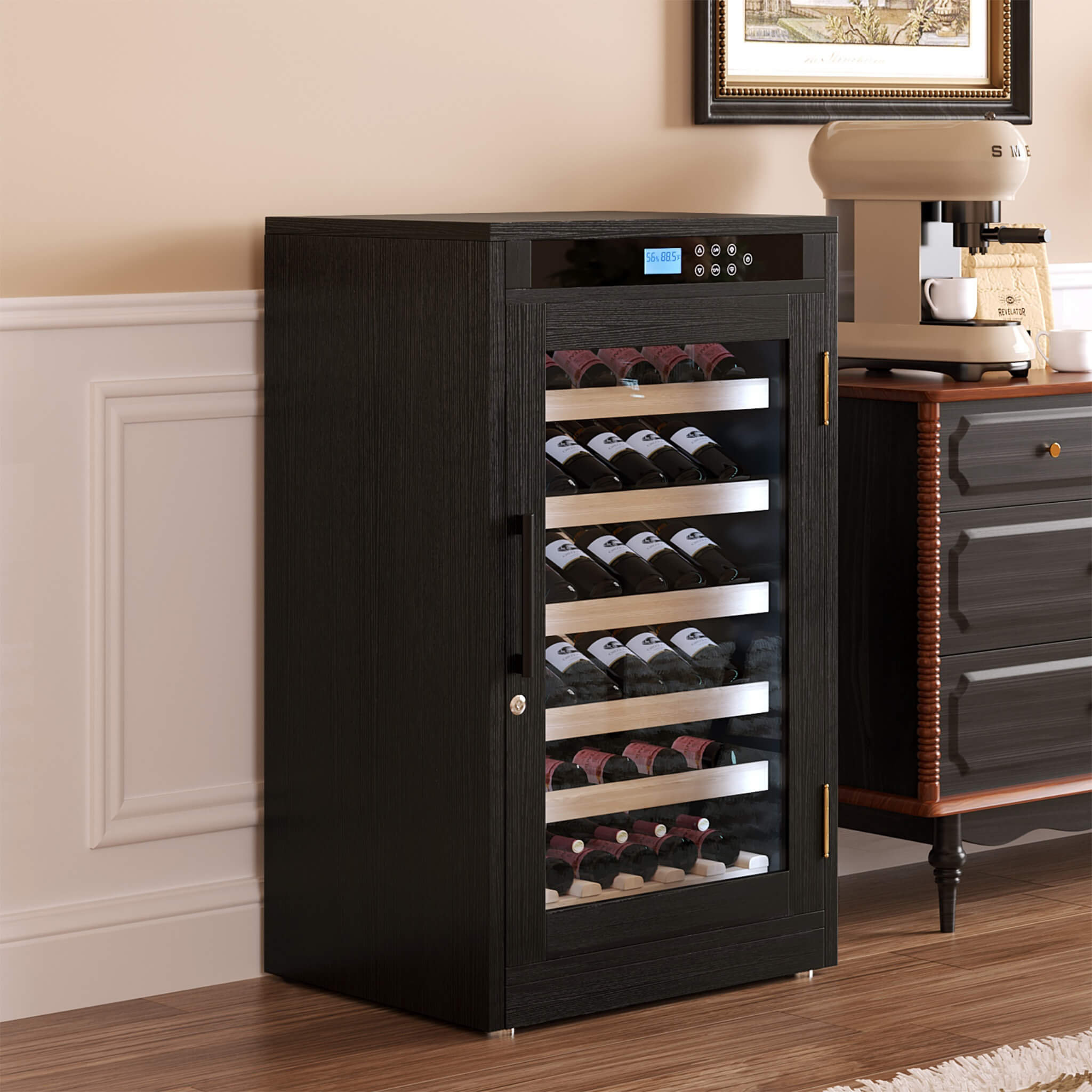Nuvia 69-Bottle 7.6 Cu.Ft Freestanding Smart Wooden Wine Cooler With LED Touch Display (SAK24861)