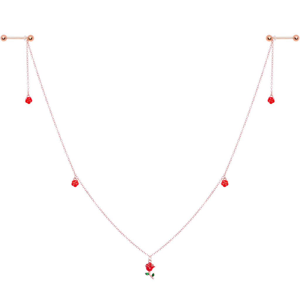 14G 9/16 Gold Tone Red Flower Valentine Dangle Nipple Chain