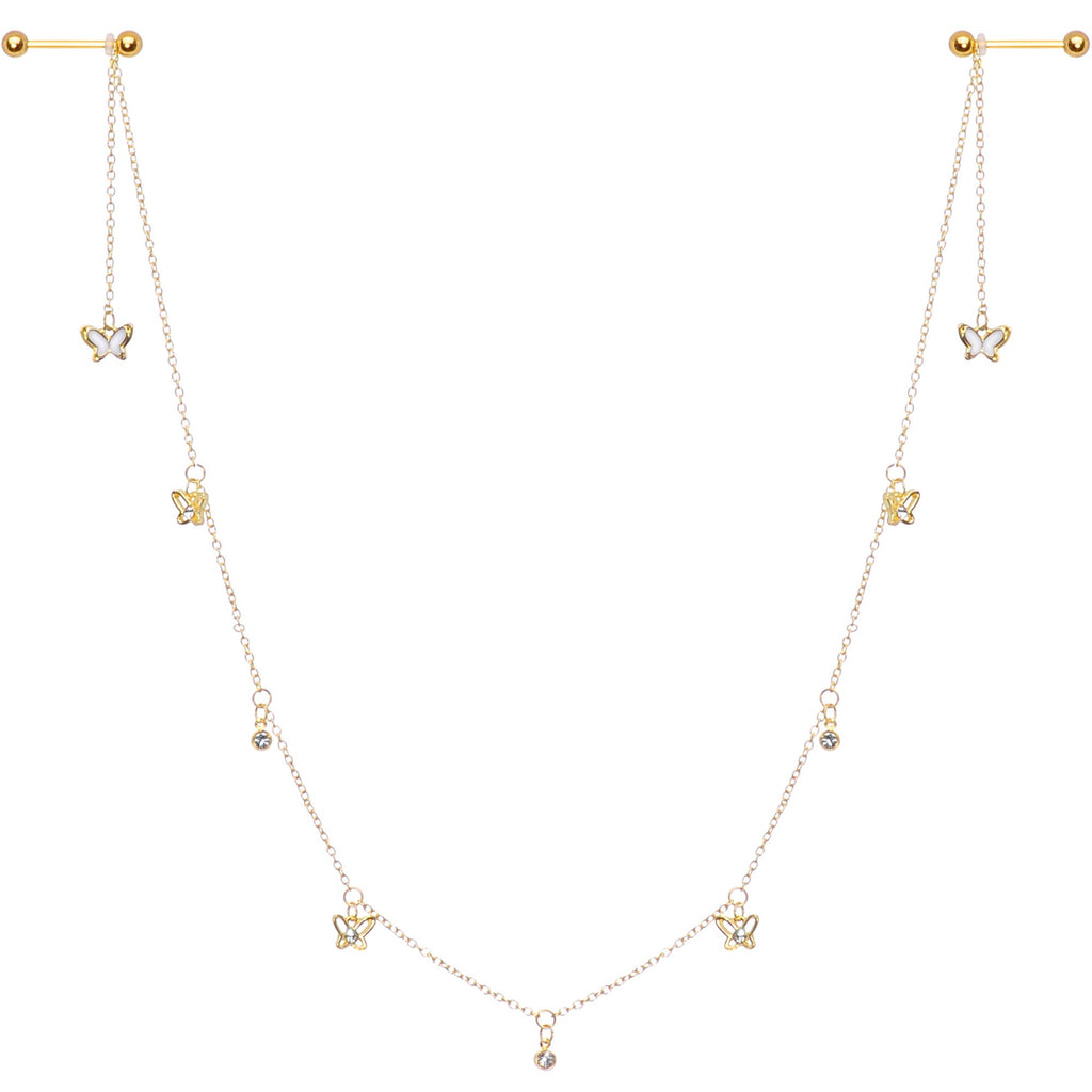 14G 9/16 Clear Gem Gold Tone Butterfly Dangle Nipple Chain