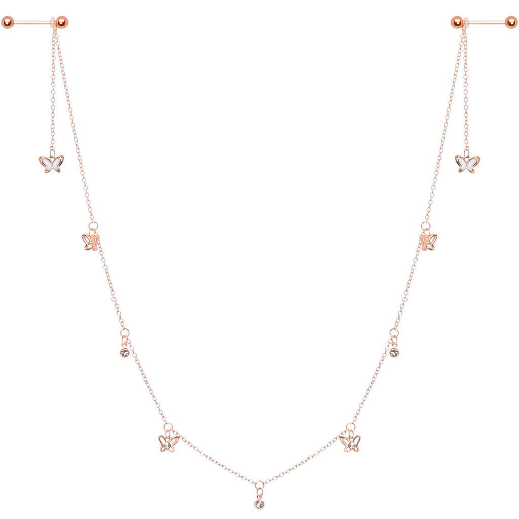 14G 9/16 Clear Gem Rose Gold Tone Butterfly Dangle Nipple Chain