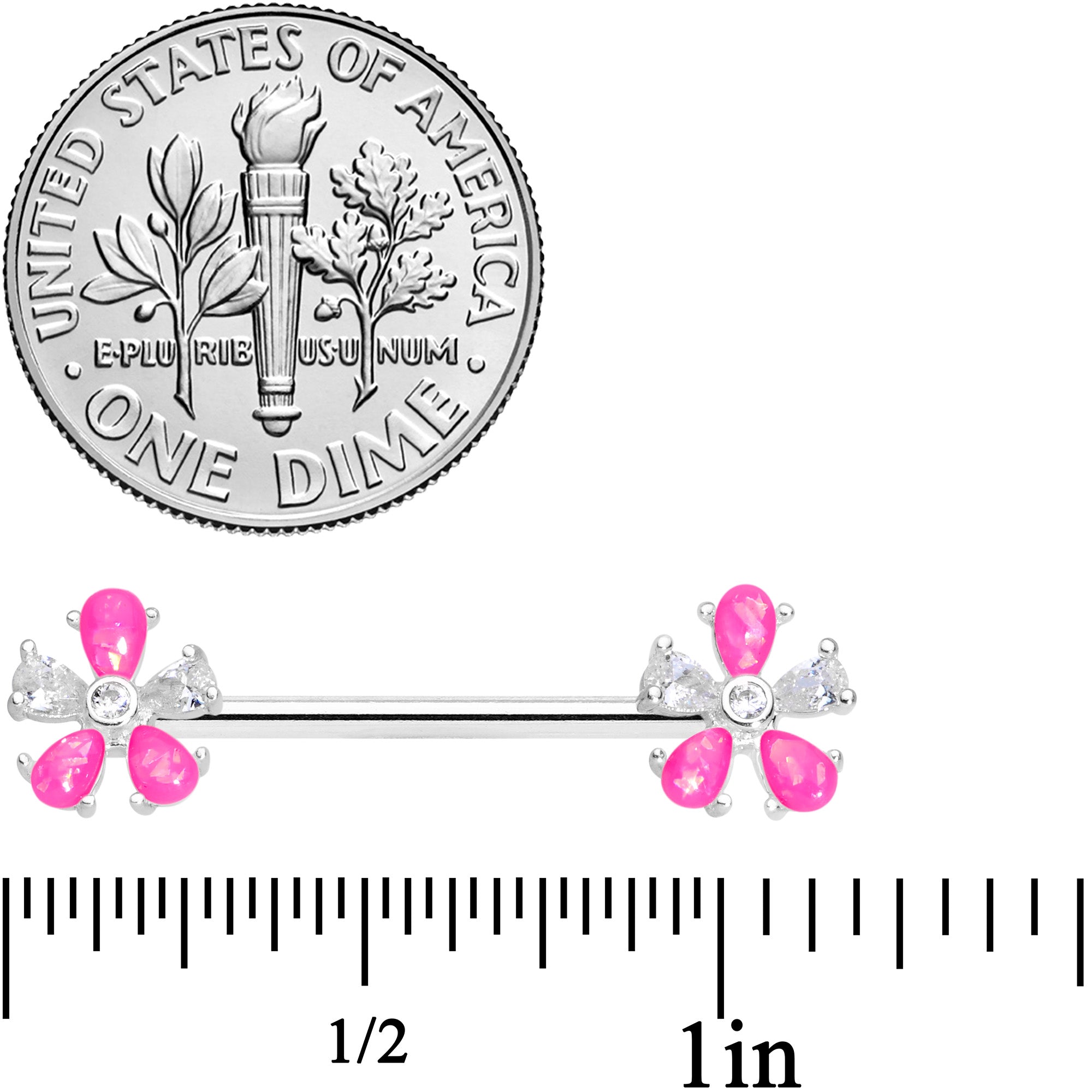 14G 9/16 Pink Faux Opal Flower Barbell Nipple Ring Set