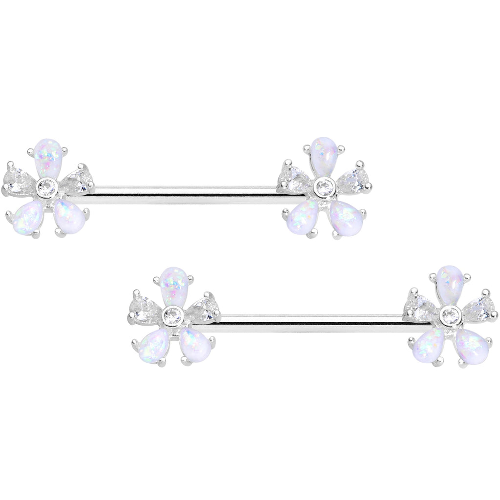 14G 9/16 White Faux Opal Flower Barbell Nipple Ring Set
