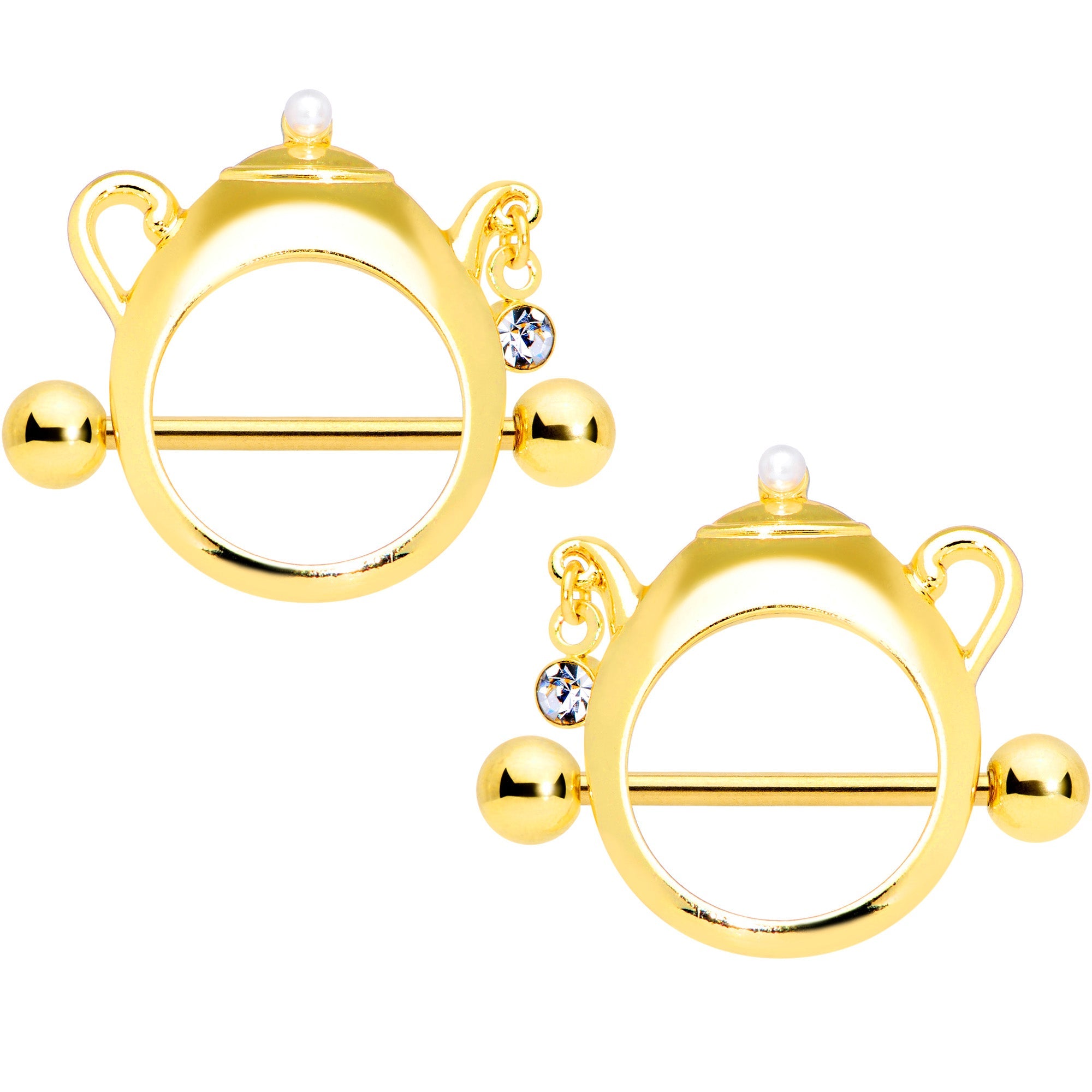 14G 5/8 Clear Gem Gold Tone Teapot Nipple Shield Set