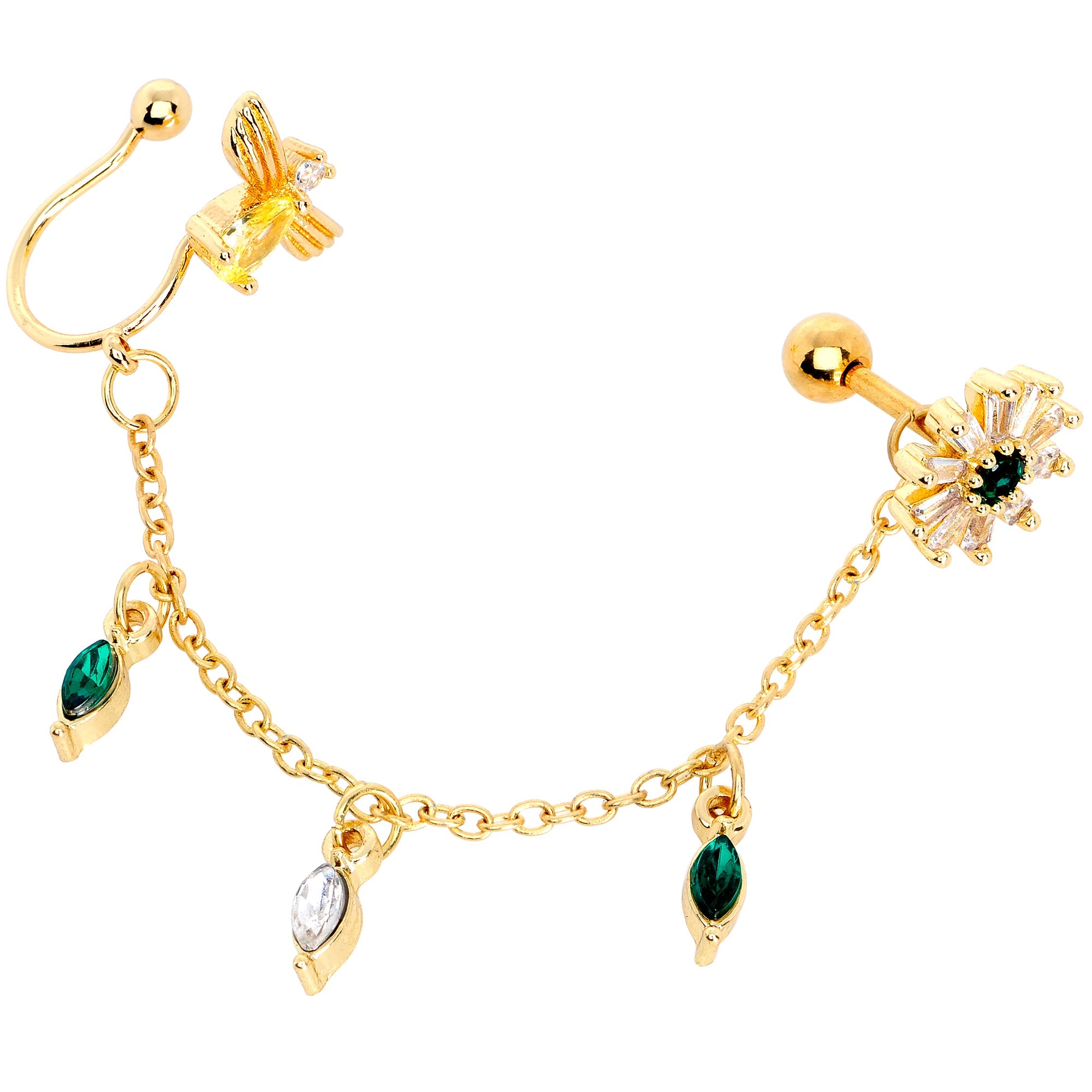 16G 1/4 Green Gem Gold Tone Angel Cuff Chain Left Cartilage