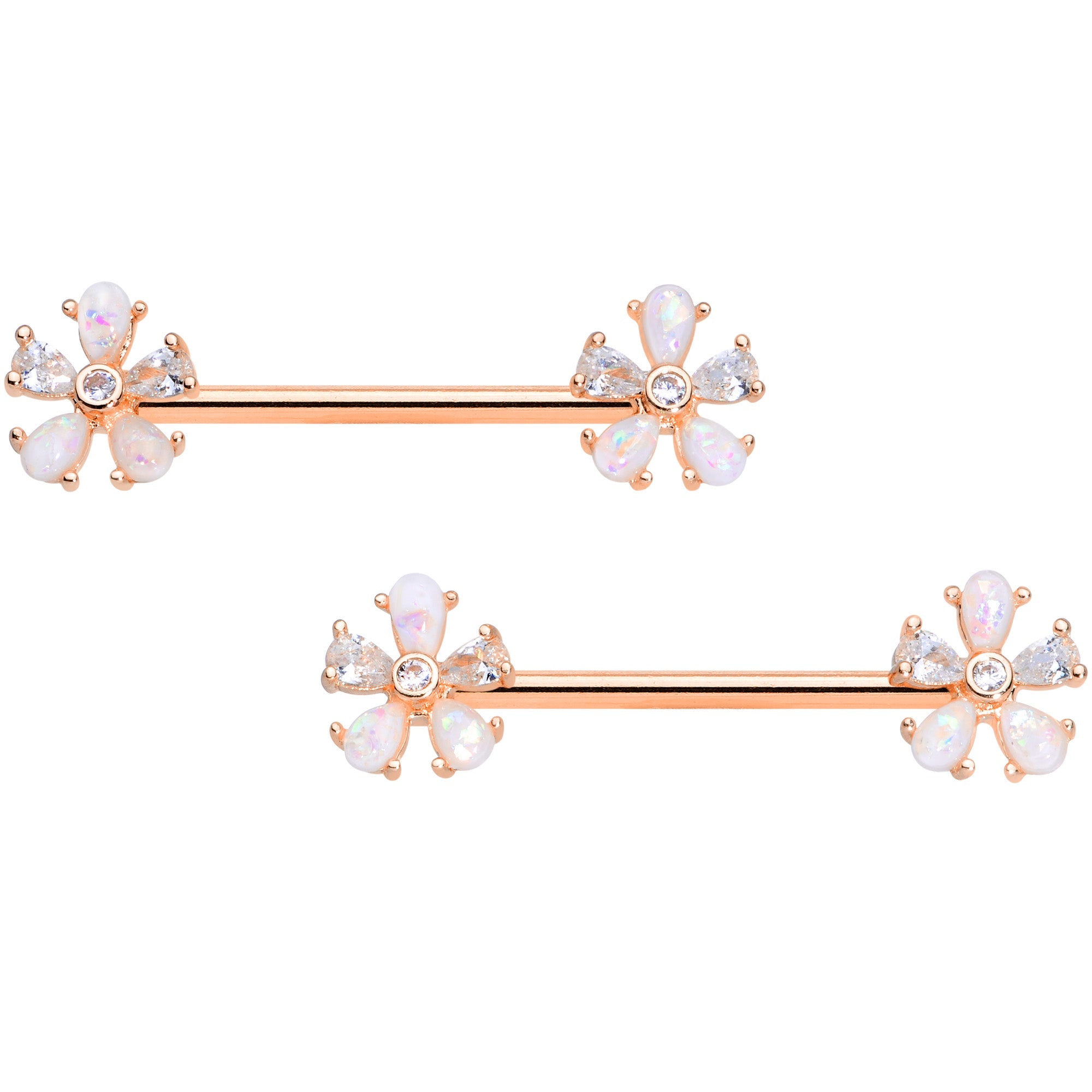 14G 9/16 White Faux Opal Rose Gold Tone Flower Barbell Nipple Set