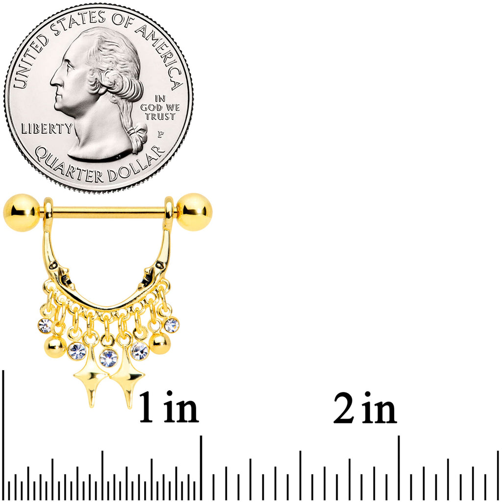 14G 5/8 Clear Gem Gold Tone Moons Dangle Nipple Ring Set
