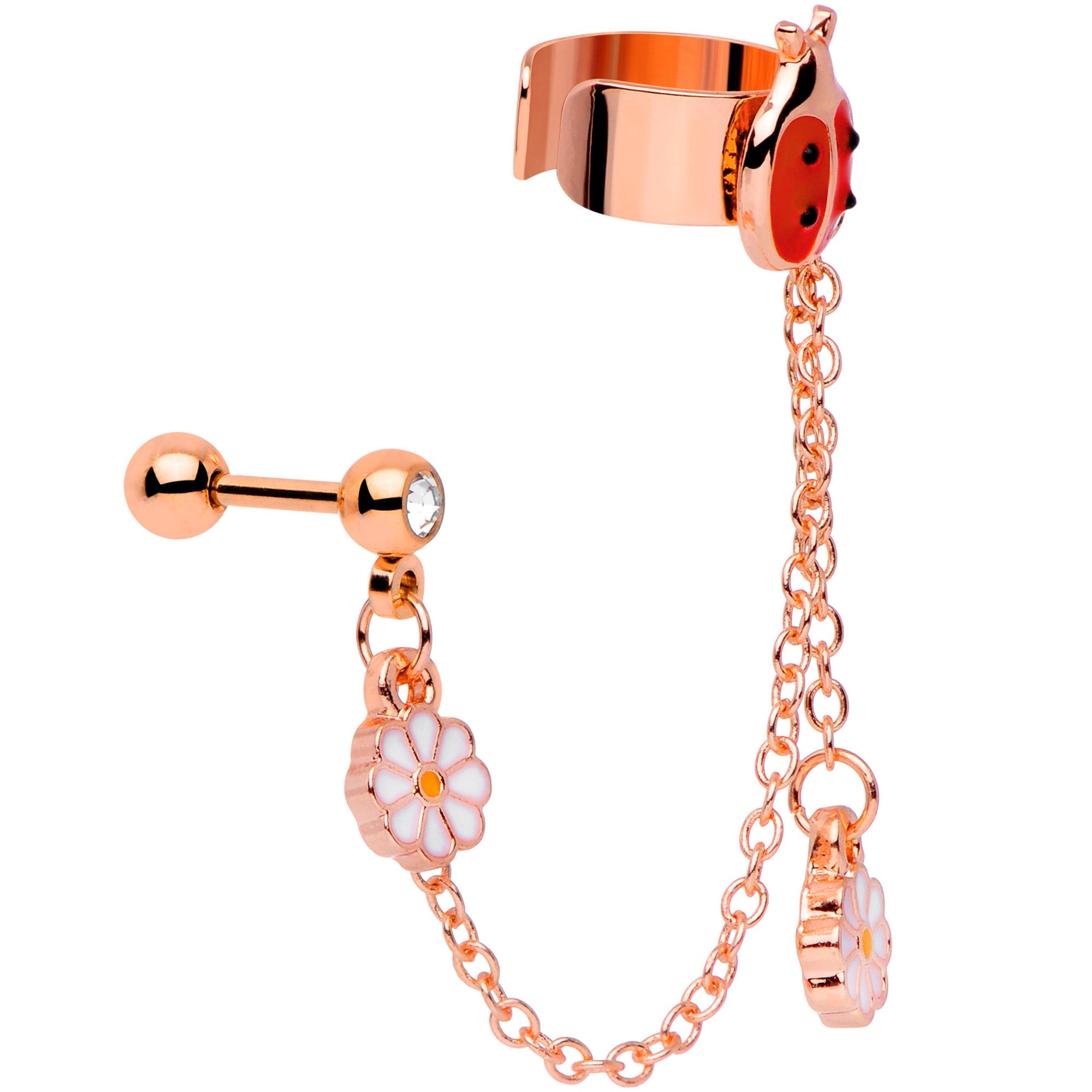 16G Rose Gold Tone Ladybug Flower Left Cuff Chain Cartilage Ring