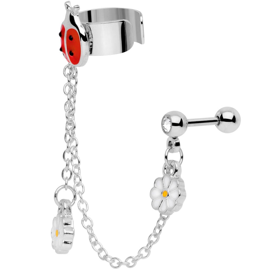 16G 1/4 Clear Gem Ladybug Flower Right Cuff Chain Cartilage Ring