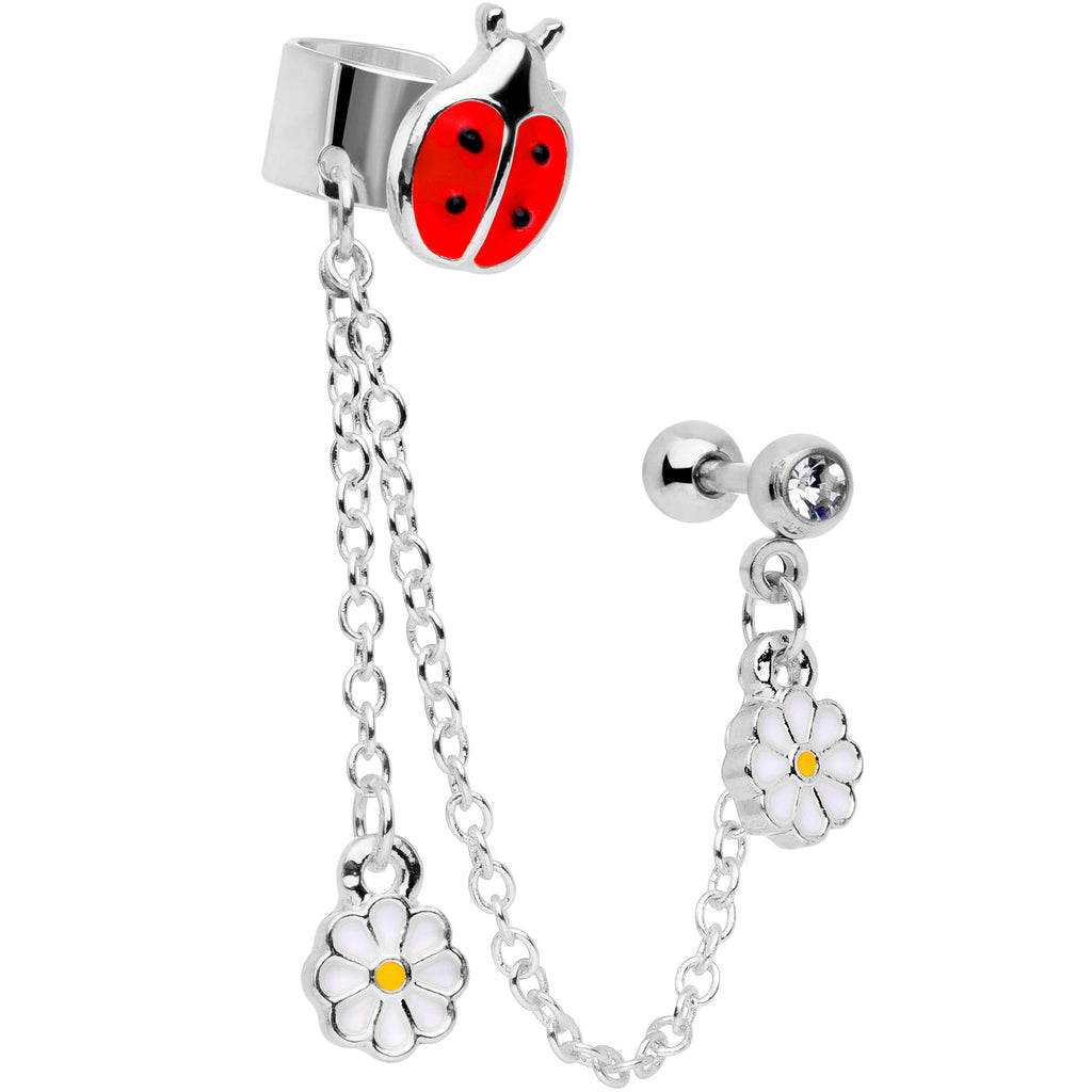 16G 1/4 Clear Gem Ladybug Flower Right Cuff Chain Cartilage Ring
