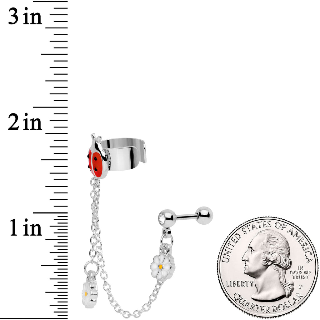 16G 1/4 Clear Gem Ladybug Flower Right Cuff Chain Cartilage Ring