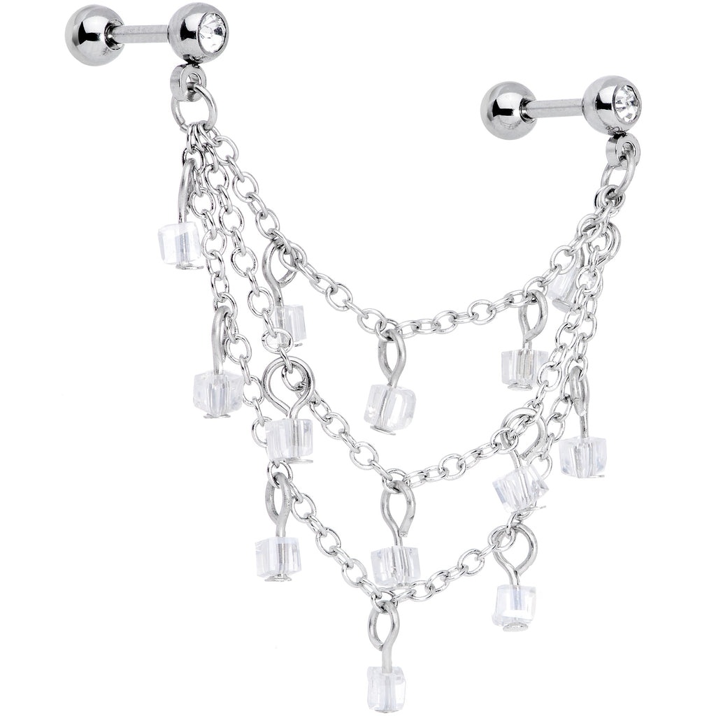 16G 1/4 Clear Gem Clear Cube Triple Dangle Cartilage Chain Earring