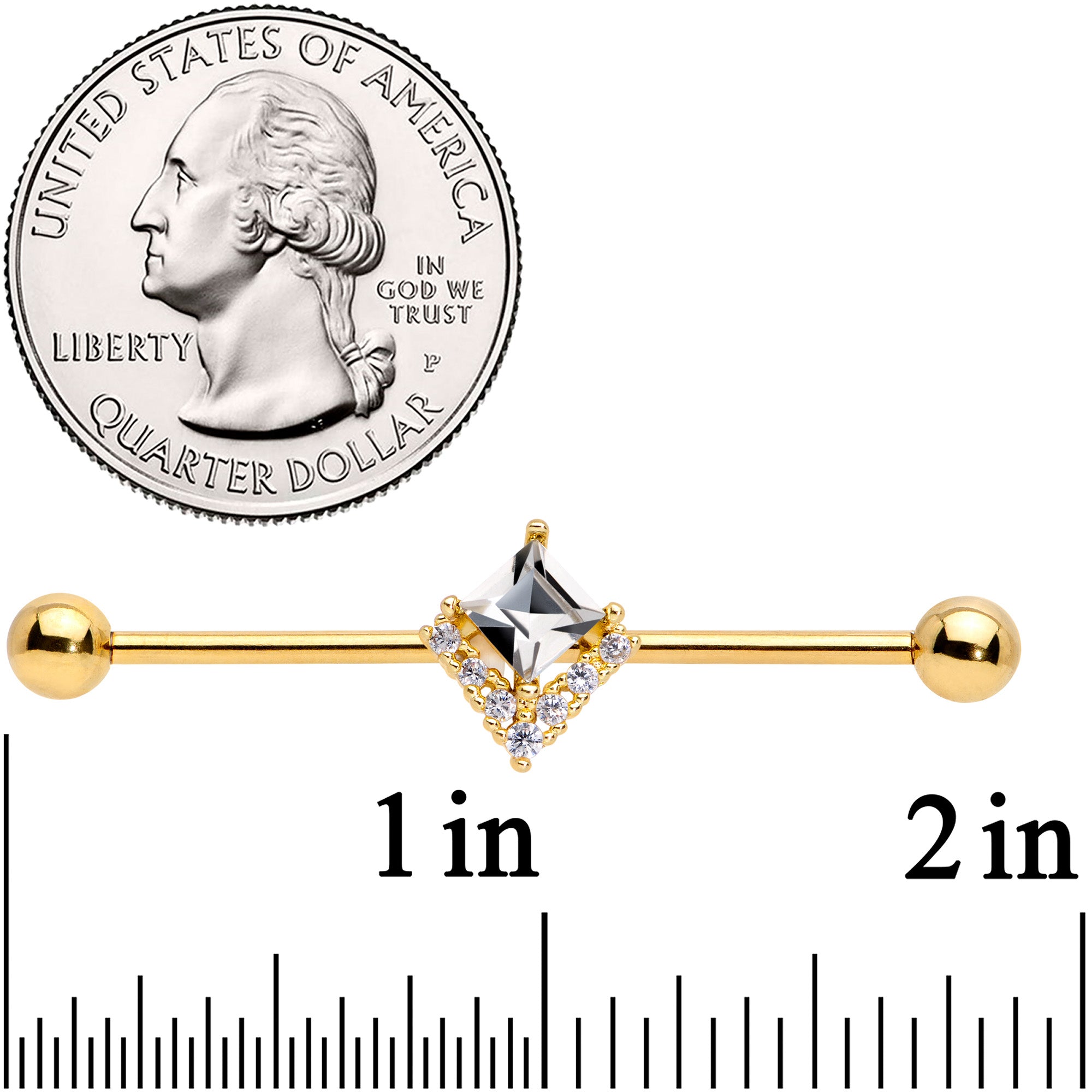 14G Clear CZ Gem Gold Tone Chevron Industrial Barbell 38mm