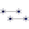 14G 9/16 Blue CZ Gem Snowflake Christmas Barbell Nipple Ring Set