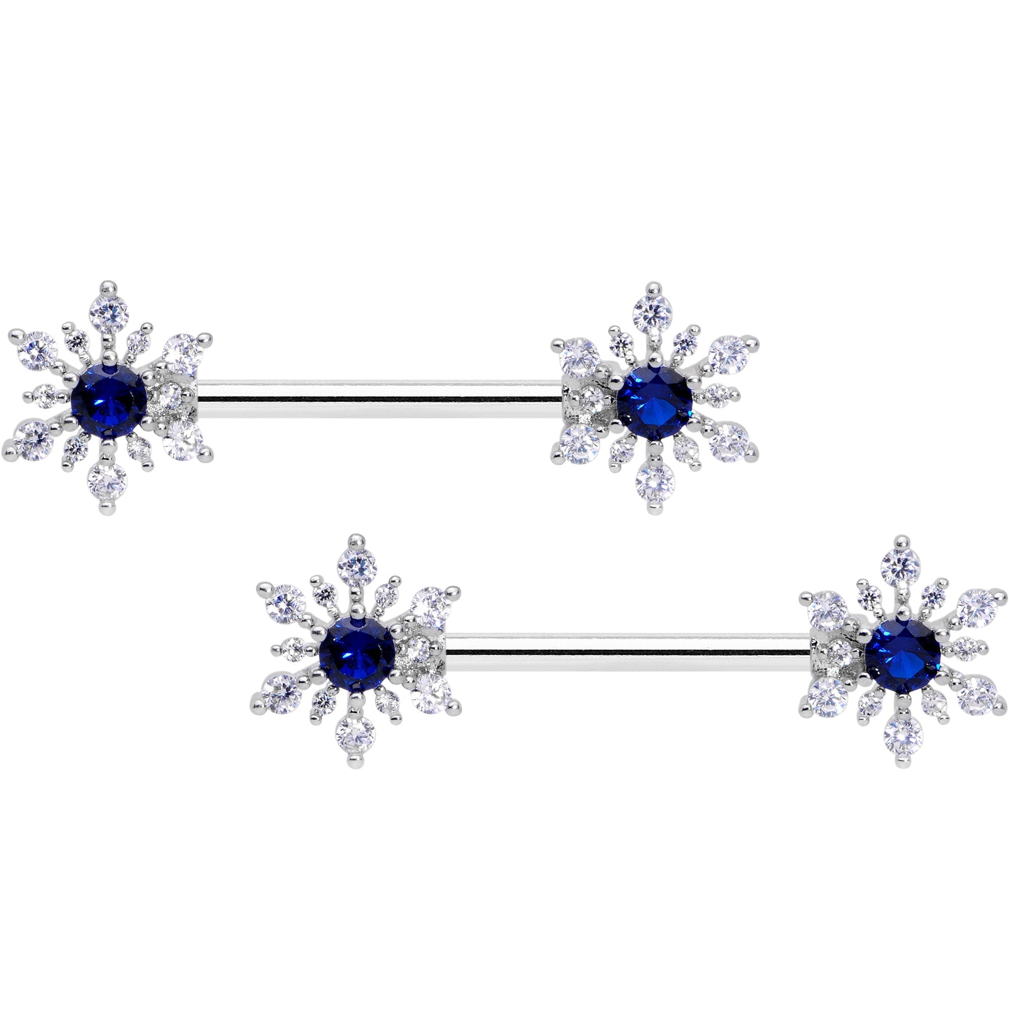 14G 9/16 Blue CZ Gem Snowflake Christmas Barbell Nipple Ring Set