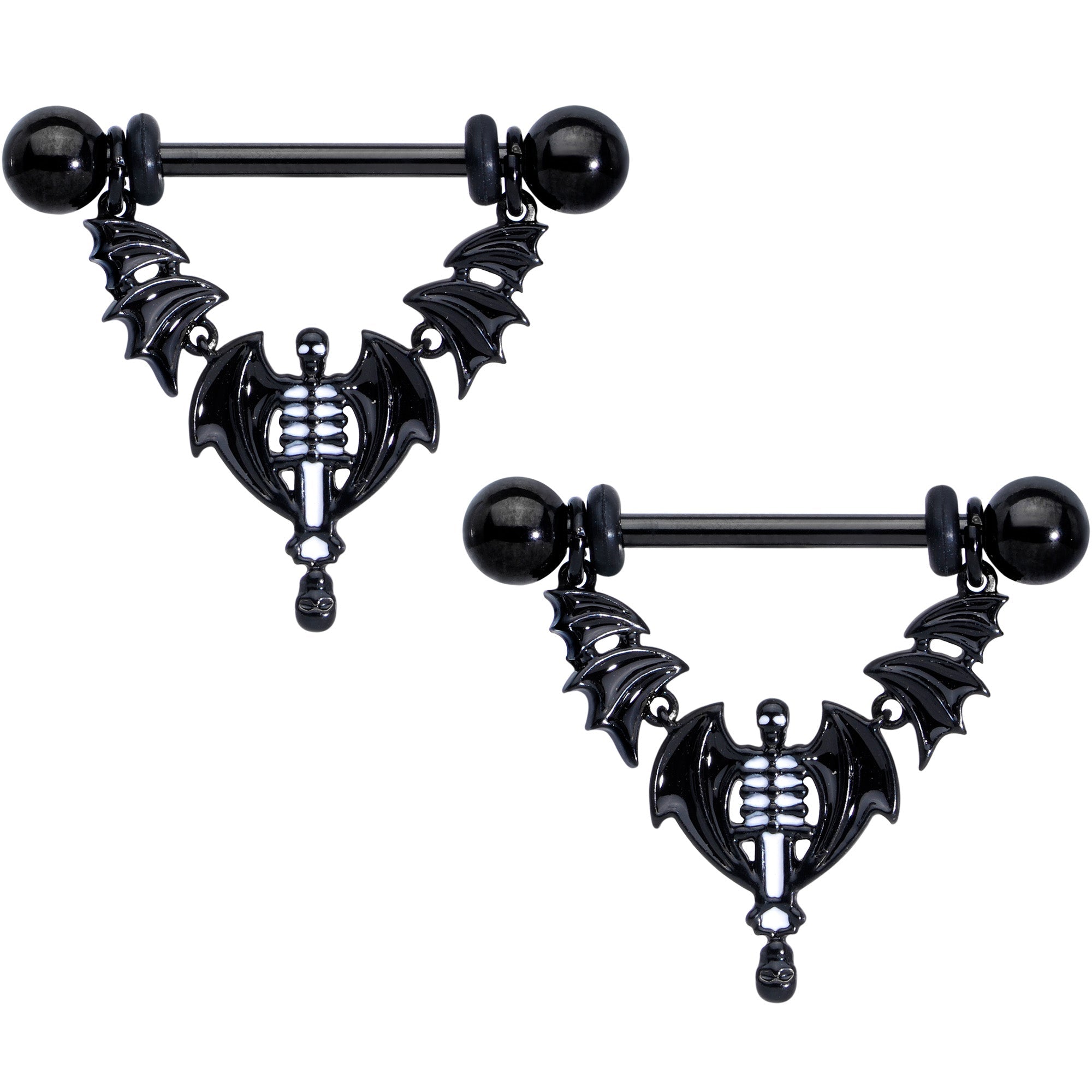 14G 9/16 Black Winged Skeleton Halloween Dangle Nipple Ring Set