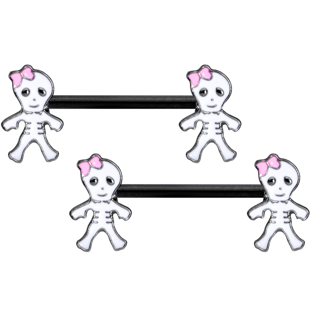 14G 9/16 Black Skeleton Girl Halloween Barbell Nipple Ring Set