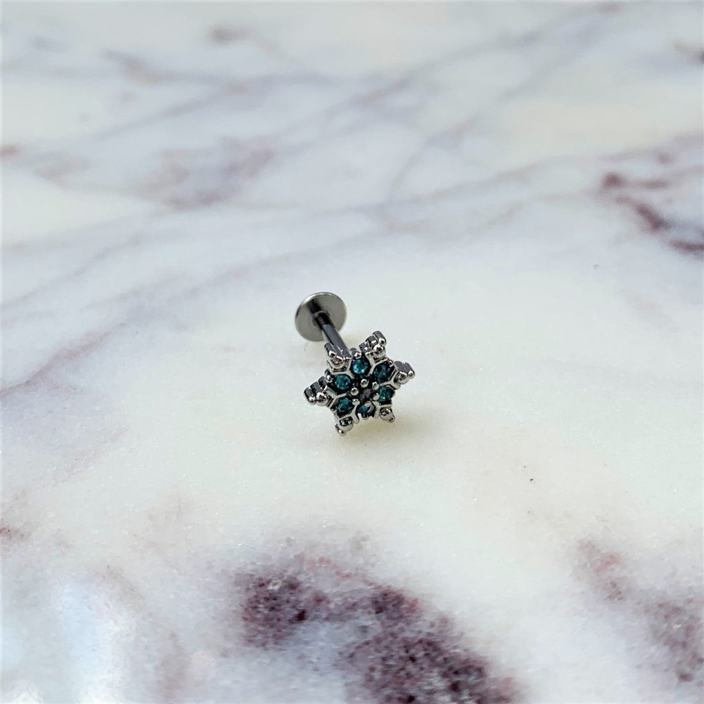 16G 5/16 Aqua CZ Gem Snowflake Christmas Labret Monroe Tragus
