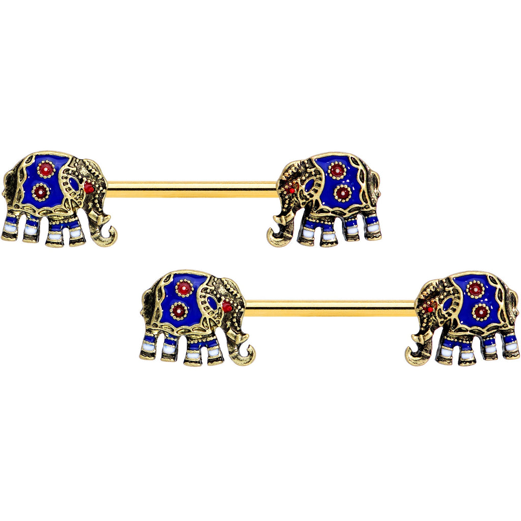 14G 9/16 Gold Tone Rococo Elephant Barbell Nipple Ring Set